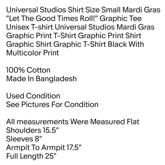 Universal Studios Shirt Size Small Mardi Gras "Let The Good Times Roll!" Graphic - Picture 3 of 7